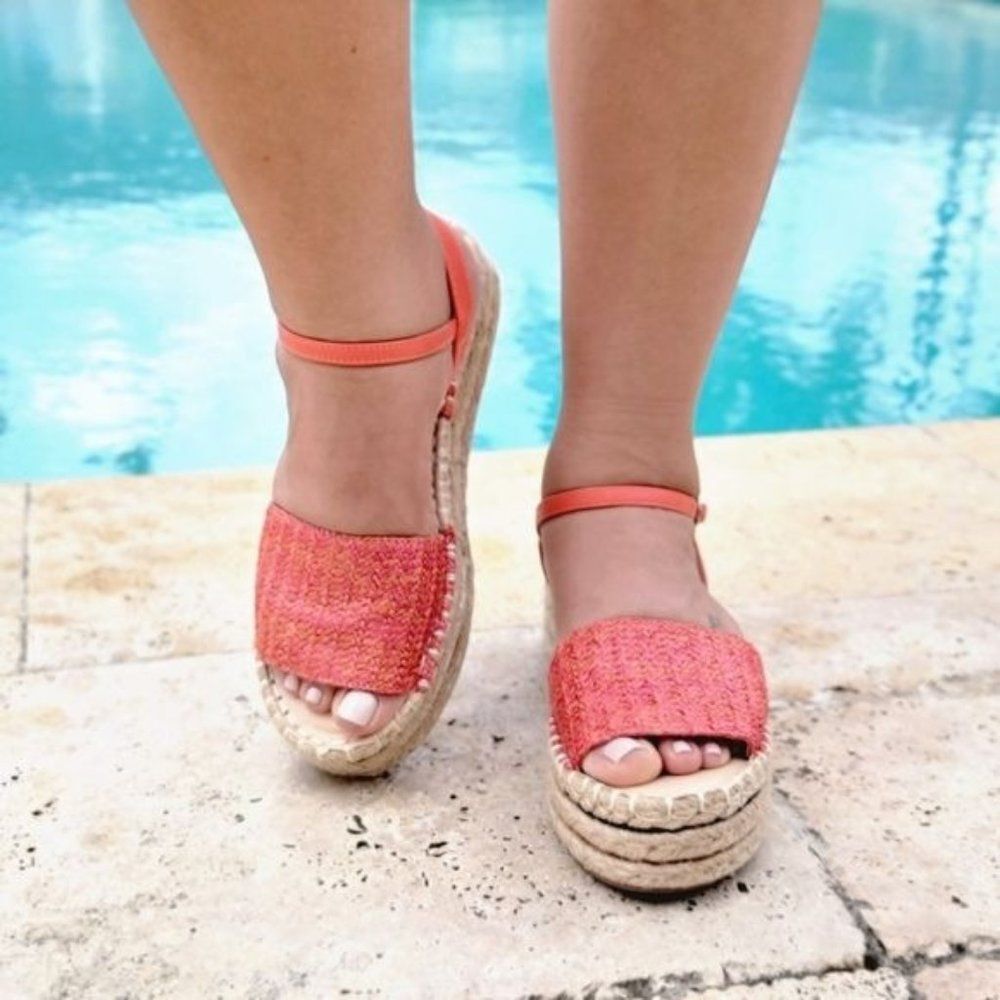 Trendy Coral Espadrille Wedge Sandals Open Toe Faux Leather